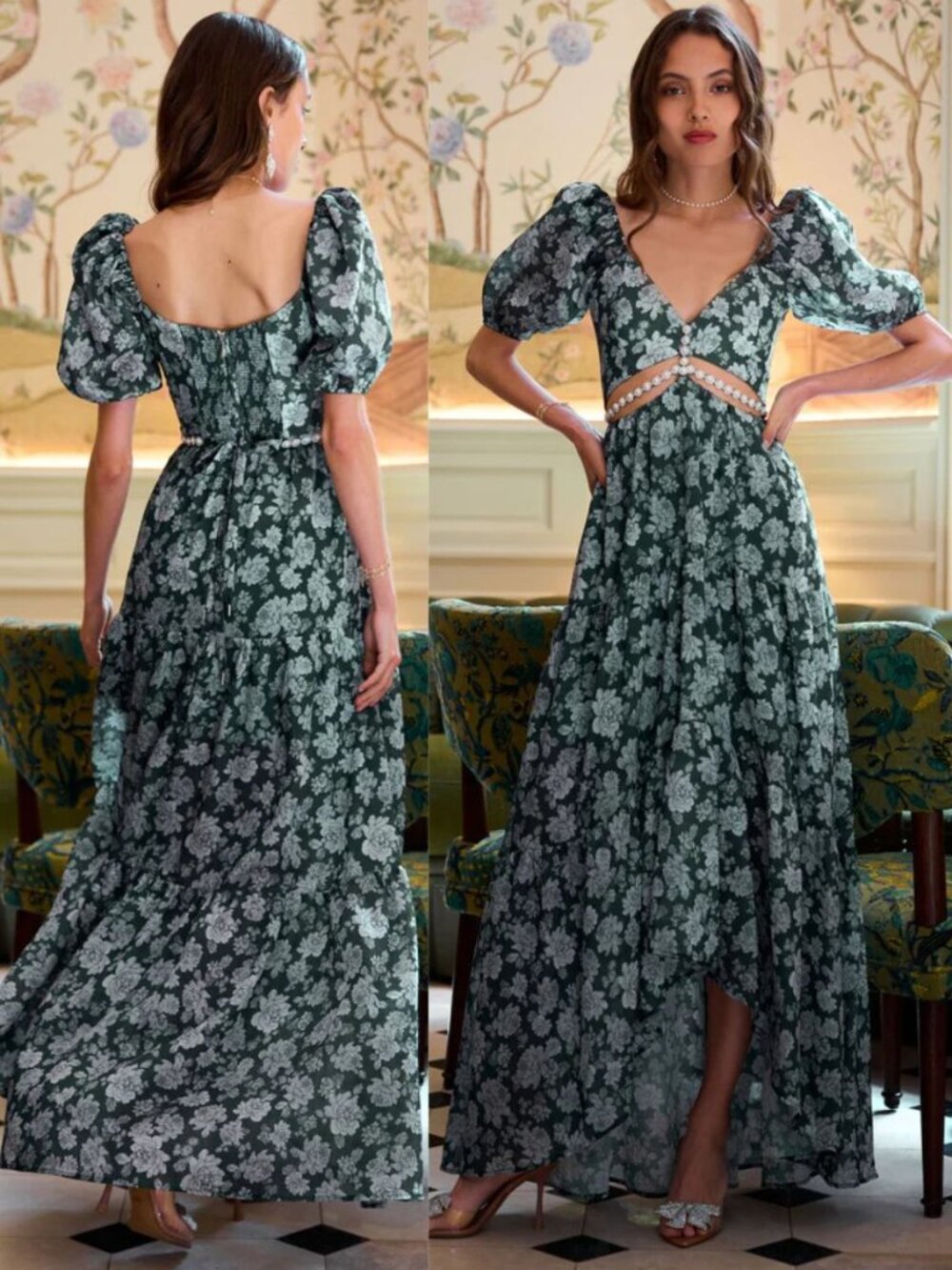 V. Chapman The Emma Dress Emerald Peony Print Floral High Low Cut Out NWT Size 0 - Picture 2 of 12
